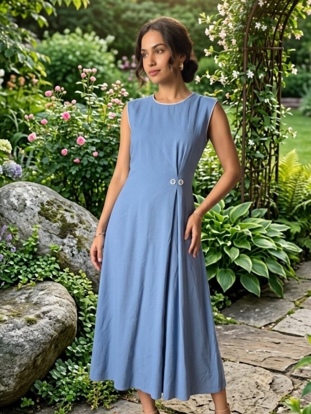 NWT Sleeveless Blue White Piping Dress Minimalist 60s Style Timeless Old Money M